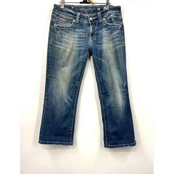 Miss Me Crop Capri Denim Jeans Dark Stone Wash Cross Flap Blue Rhinestone Sz 30 - Picture 2 of 10